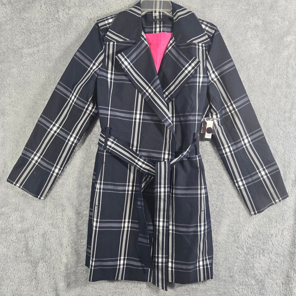 Madison Navy White Plaid Trench Coat Pink Lining Belted Jacket 1388072 NEW L